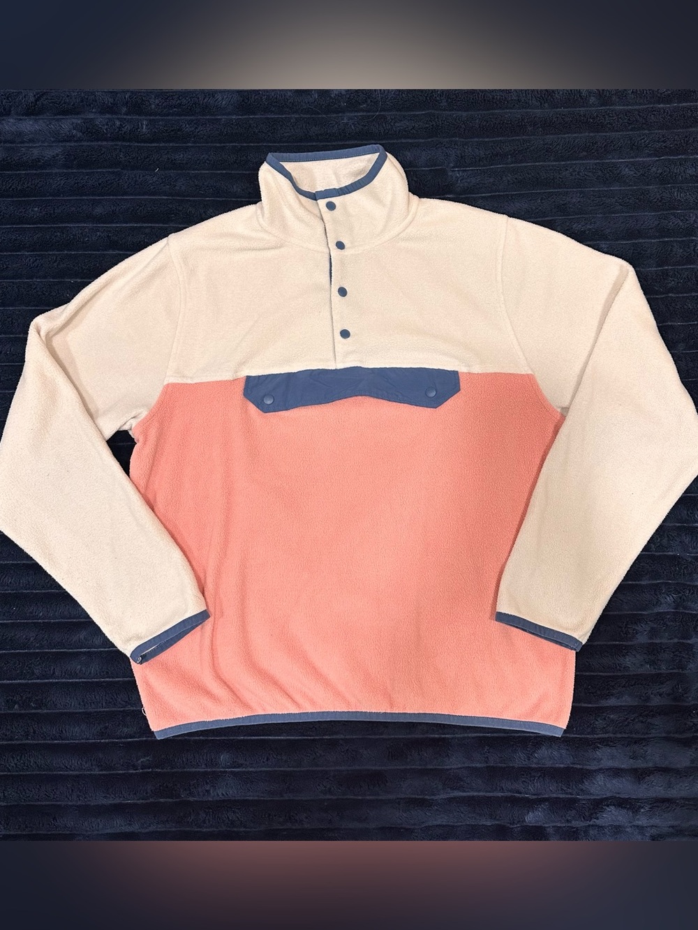 Women’s Two-Tone Fleece Pullover Sweater - Cream & Coral with Blue Trim